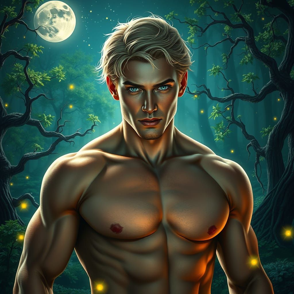 Chiseled Hero in Enchanted Forest Under Starry Night Sky