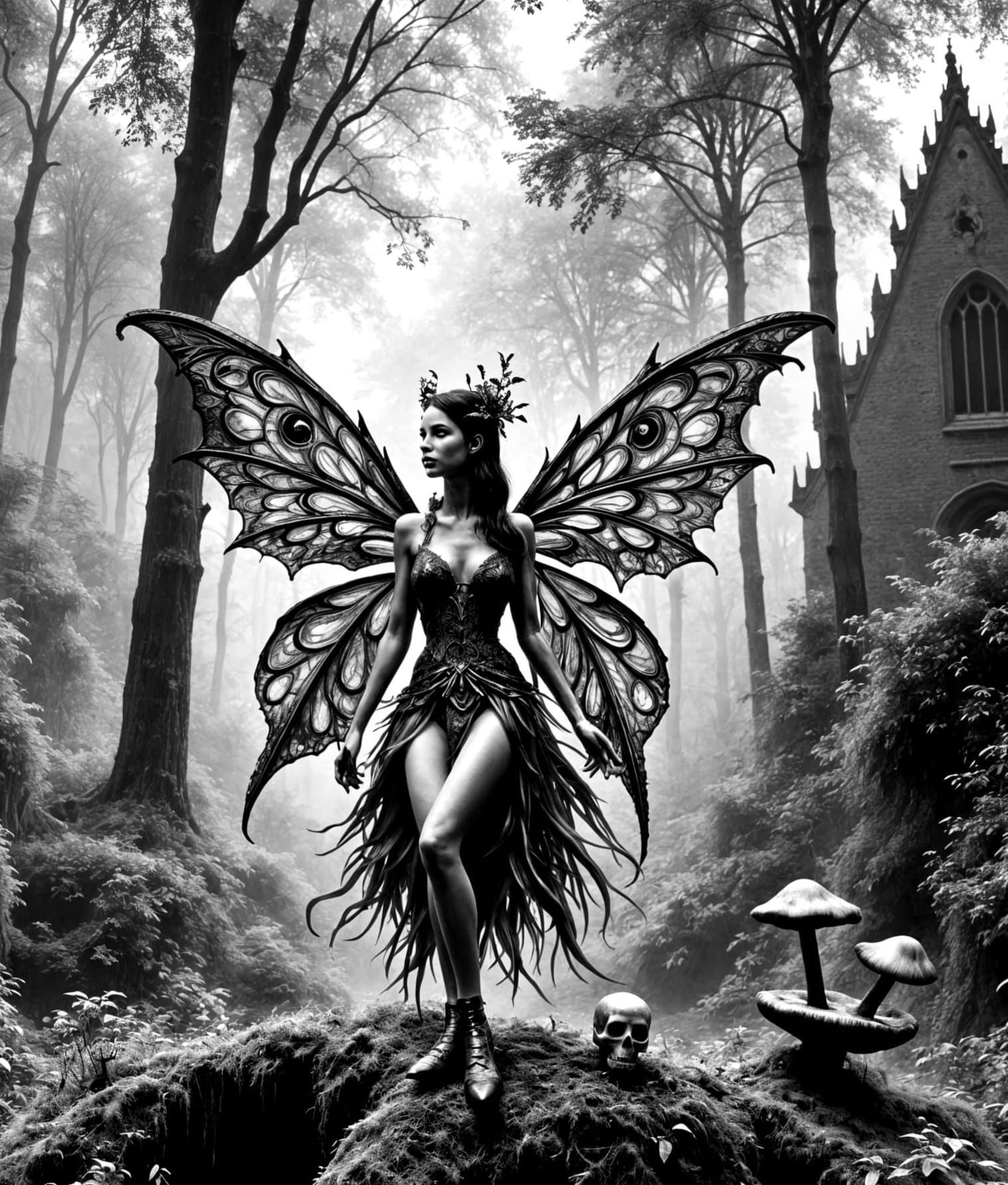 Ethereal Black and White Fairy in a Fantastical Forest