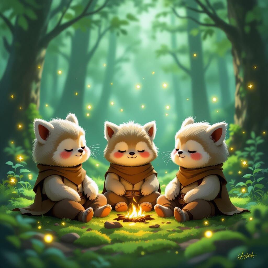 Ewoks Meditating in Firefly Forest, Dreamy Art