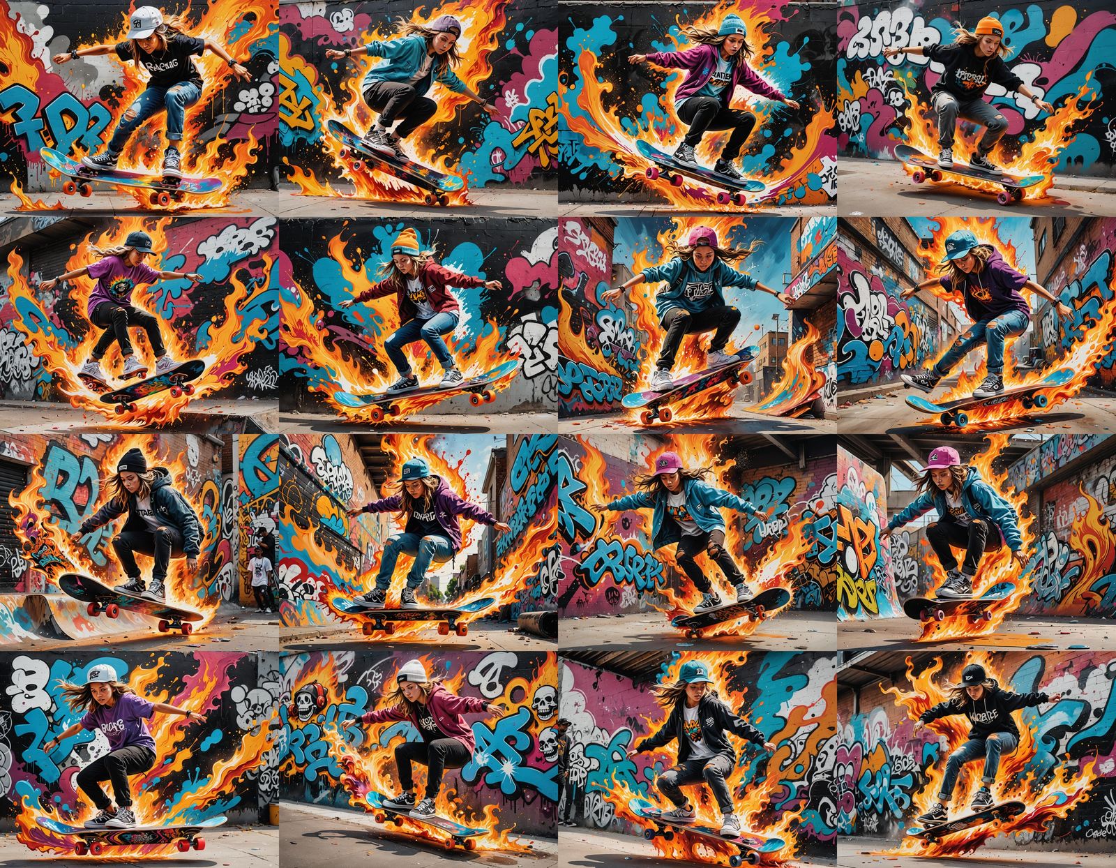 Fiery Skateboarding Girl in Graffiti Splash Art Style