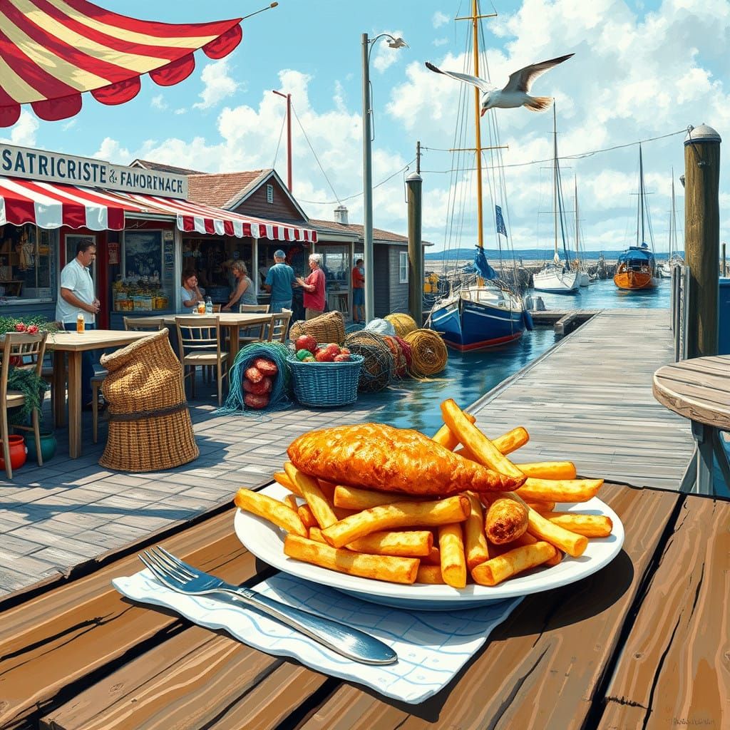 Warm Seaside Scene with Fish and Chips