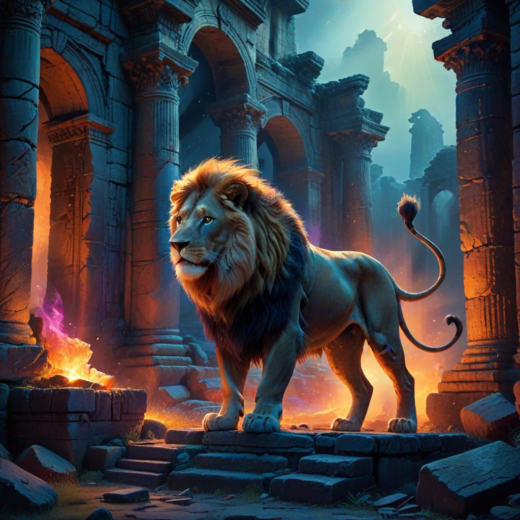 Majestic Lion Prowls Ancient Ruins in Painterly Style