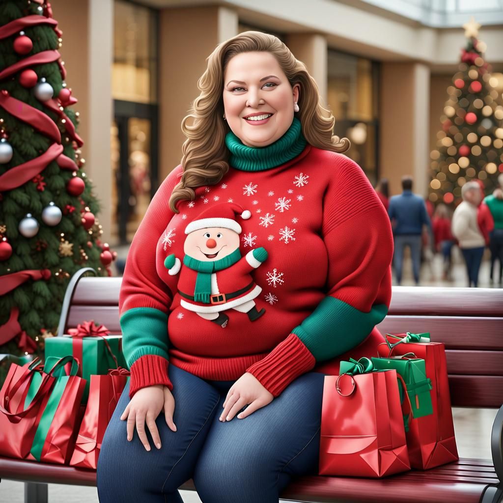 Happy Plus-Size Woman at Christmas Mall