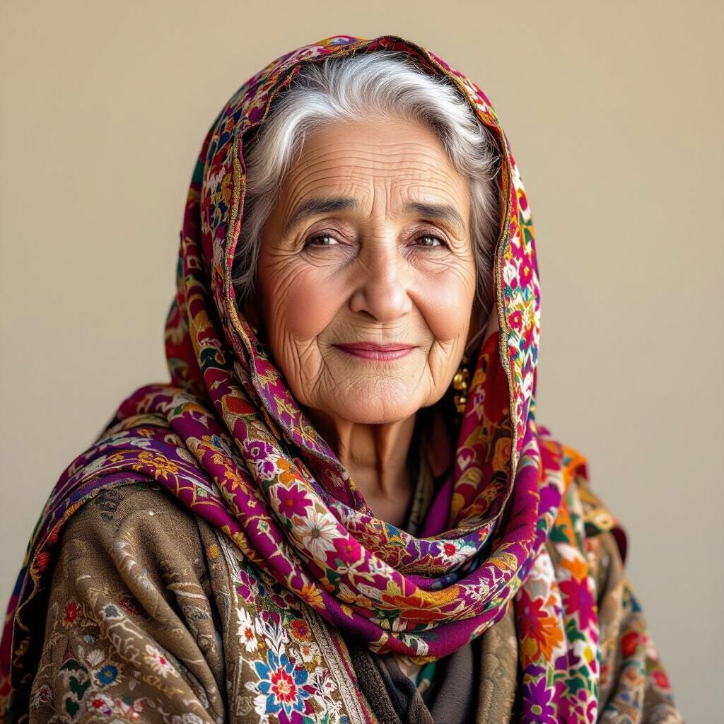 Photorealistic Portrait of Elderly Woman in Persian Clothing