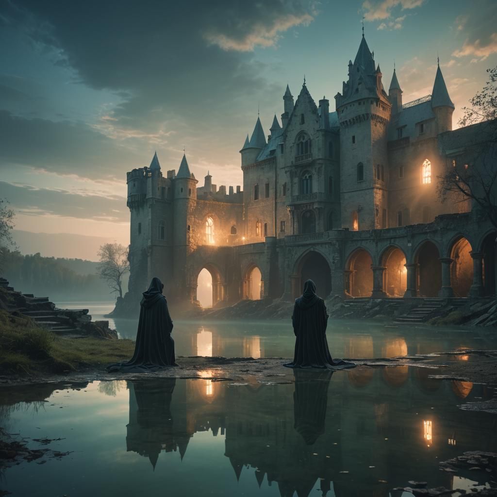 Mystical Lake in Abandoned Castle Courtyard