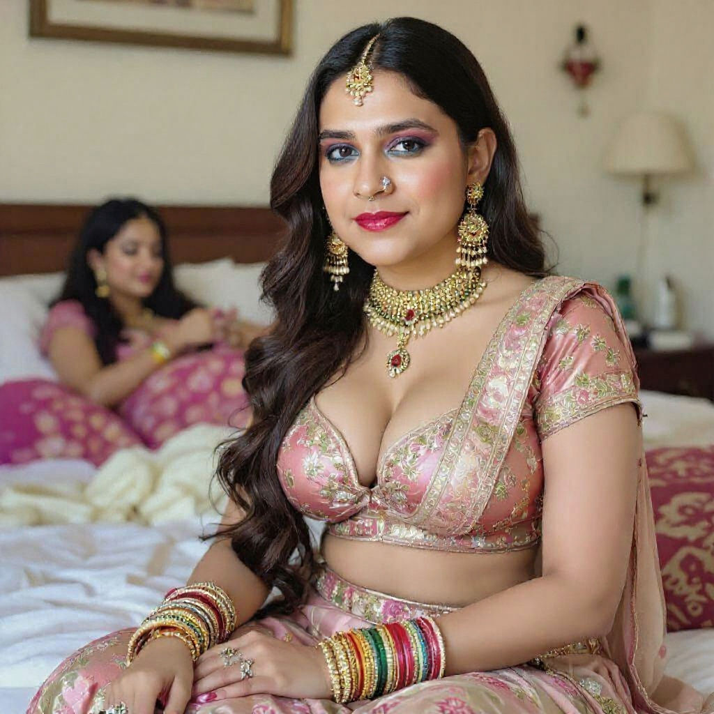 Indian Woman with Elaborate Jewelry Applying Makeup