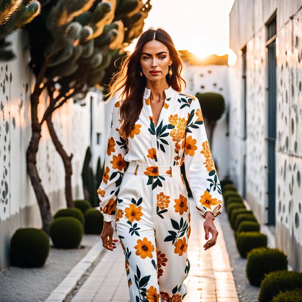 Woman in Floral Jumpsuit in Urban Garden at Sunset