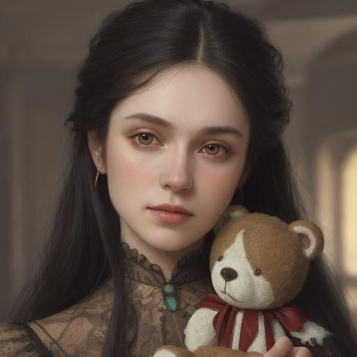 Young Vampire with Teddy Bear in Oil Painting Style