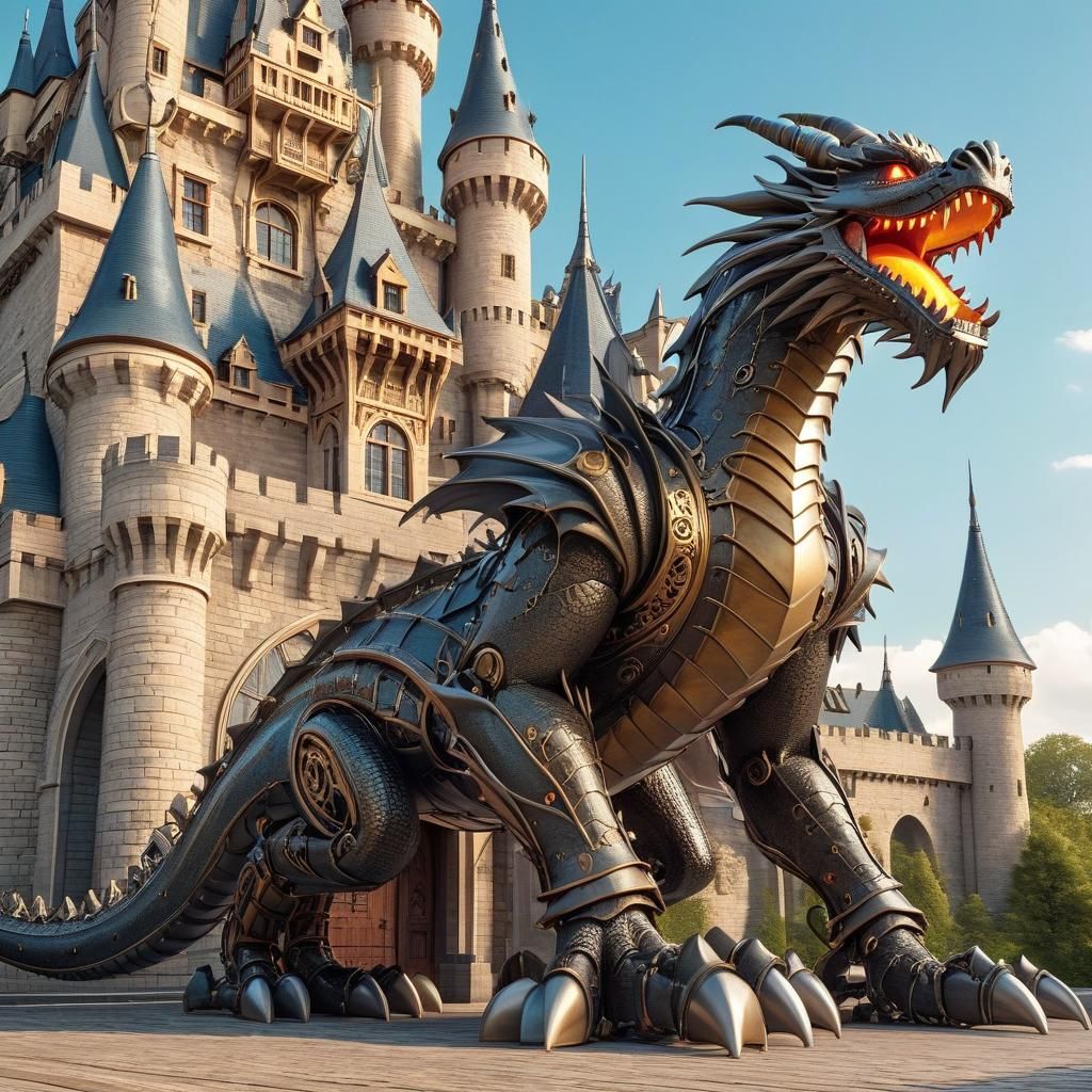 Mechanical Dragon Guarding Castle: Fantasy Illustration