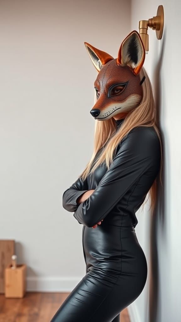 Blonde in Leather Fox Mask by White Wall