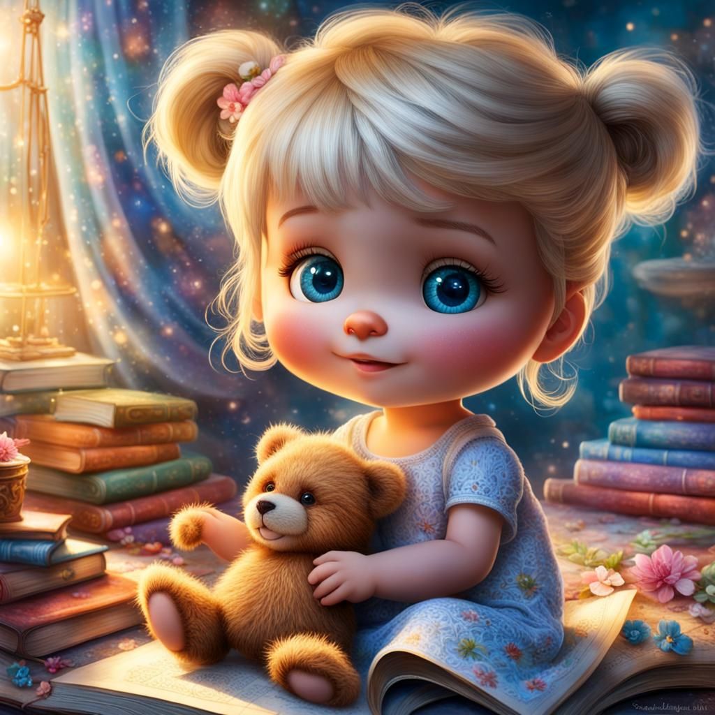Adorable Blonde Baby with Teddy Bear in Storybook Illustrati...