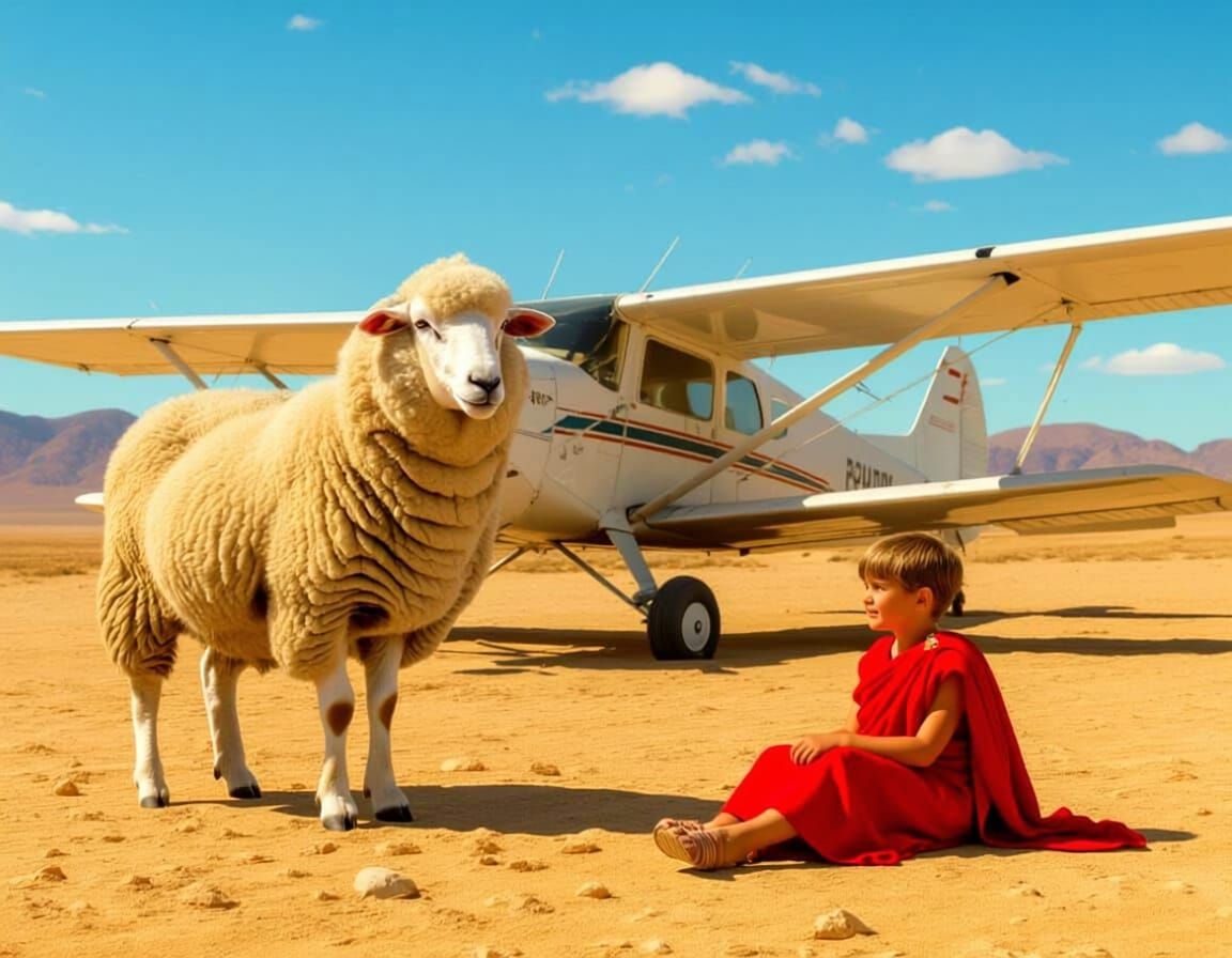 Human-Headed Sheep & Biplane Wreck in Desert
