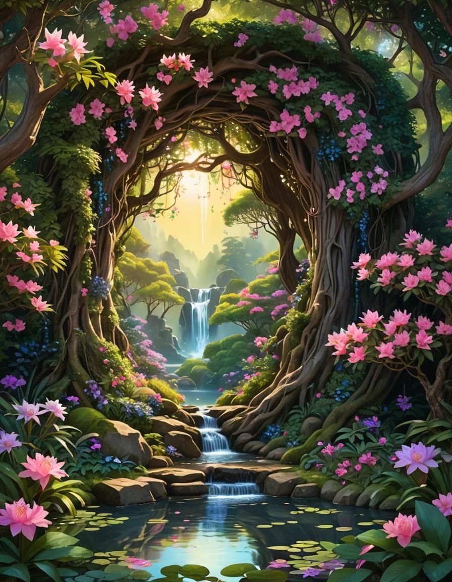 Enchanted Fairy Portal to Magical Pond, Vector Style