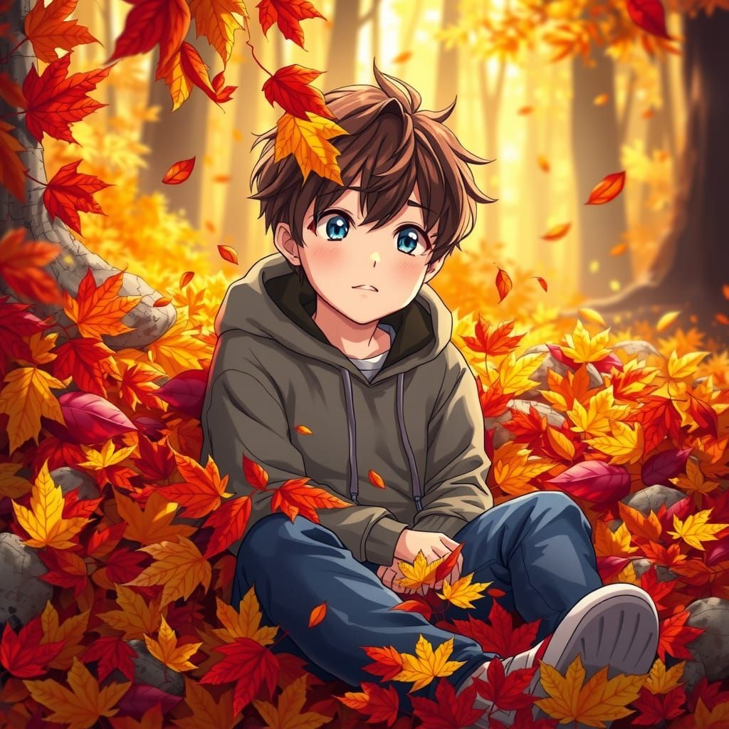 Boy in Autumn Leaves, Anime Style Illustration