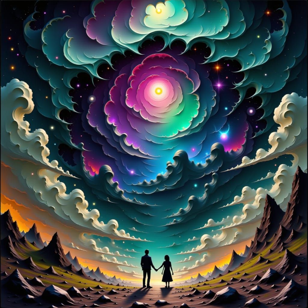 Couple in Elemental Vortex, Futuristic Organic Style
