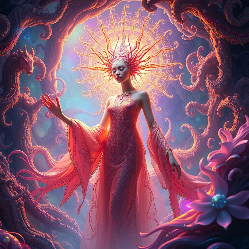 Surreal Figure in Lush Dreamscape with Ethereal Aura and Iri...