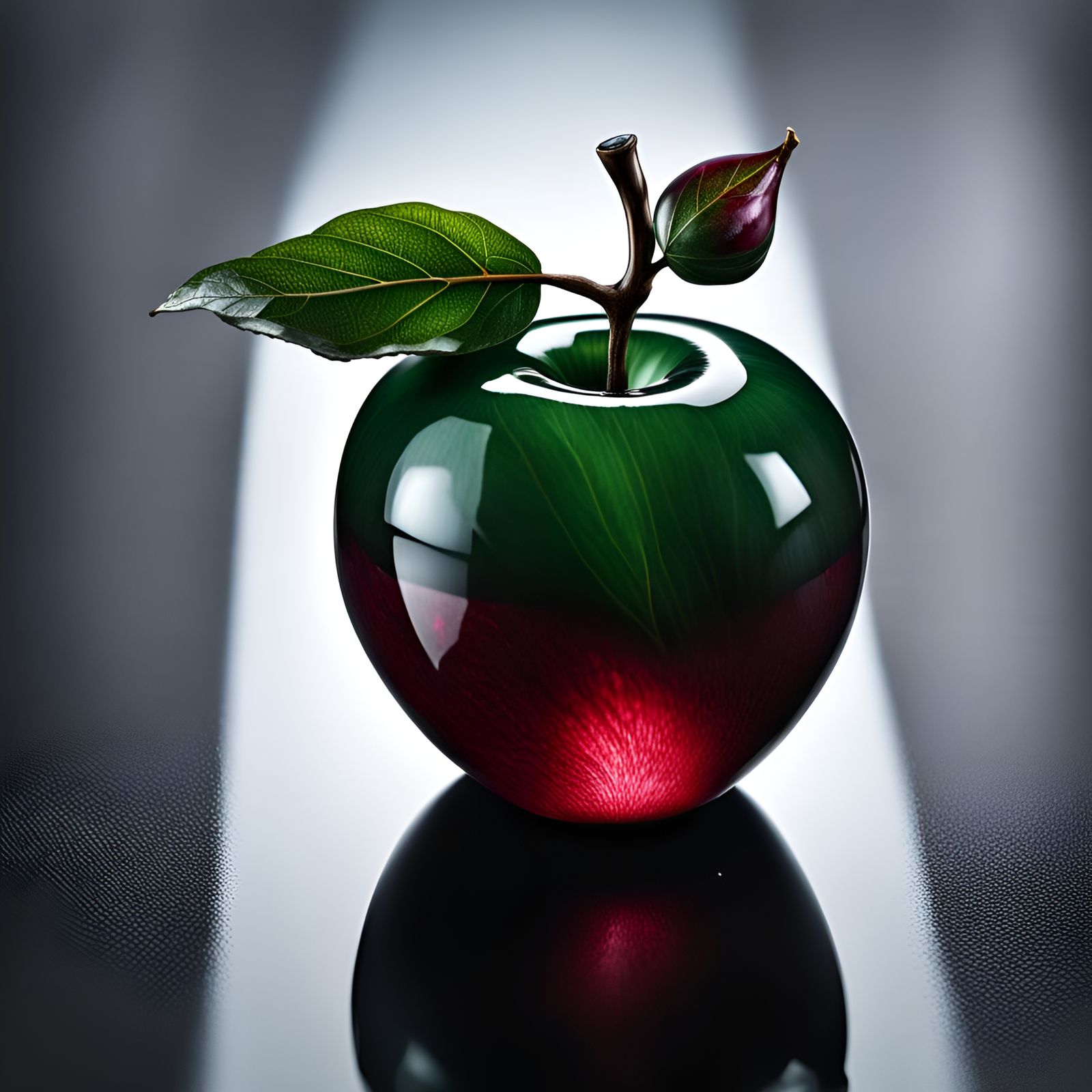 Hyperrealistic Ruby Apple with Jade Leaves