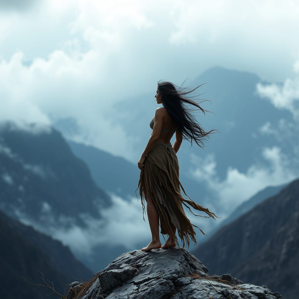Amazonian Priestess Gazes at Stormy Mountain Peak