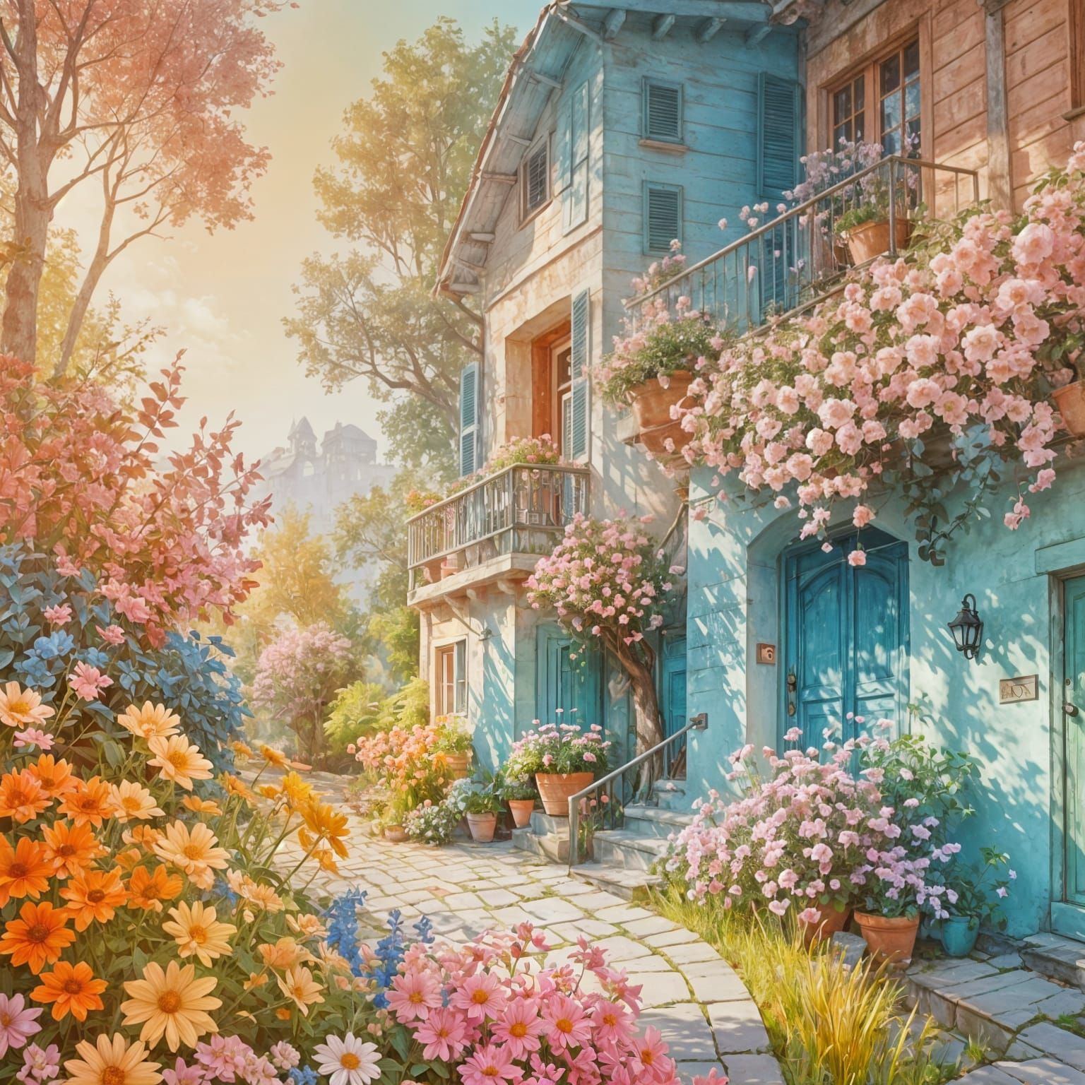 "Digital illustration in soft pastel tones, depicting an old cozy house with balconies adorned with flowers. The facade ...