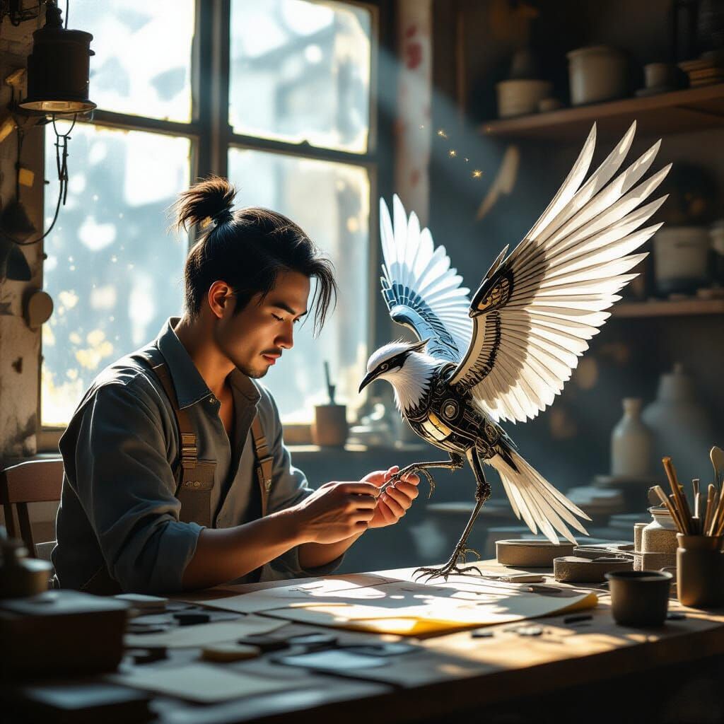 Artisan Crafts Mechanical Bird in Cyberpunk Workshop