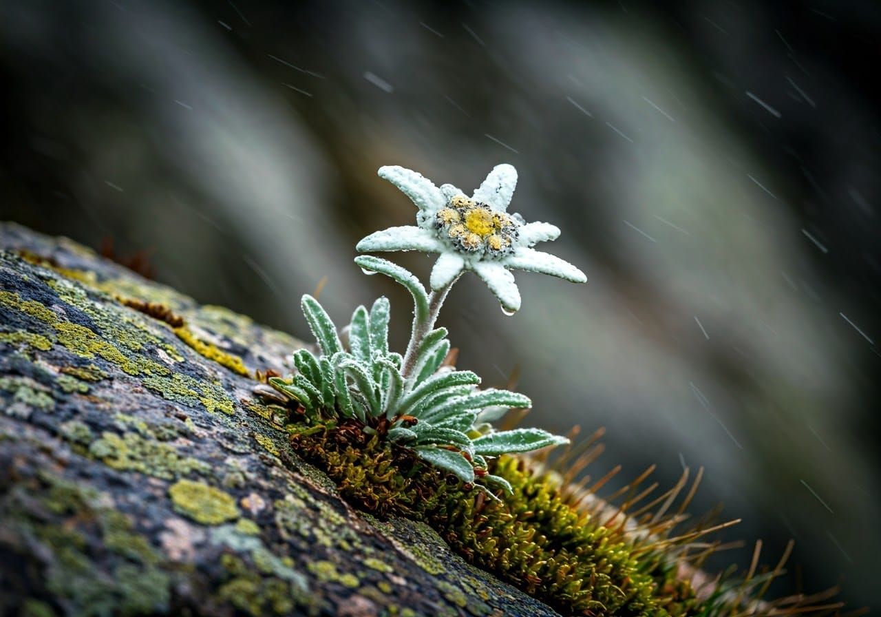 Edelweiss Flower in Macro with Raindrops