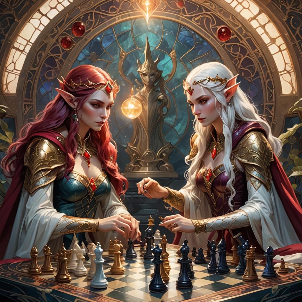 Elven Goddesses Play Chess in Art Nouveau Style