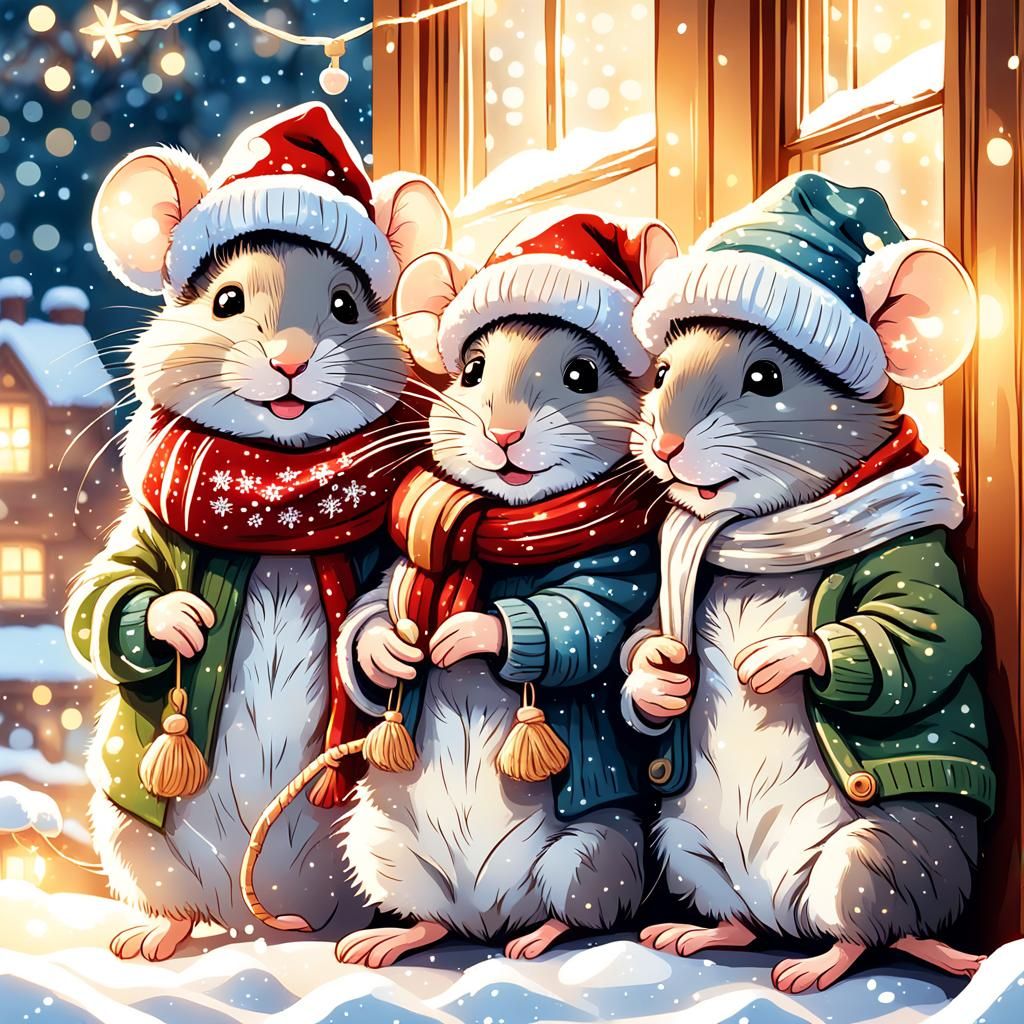 Whimsical Santa Mice Portrait in Snowy Wonderland