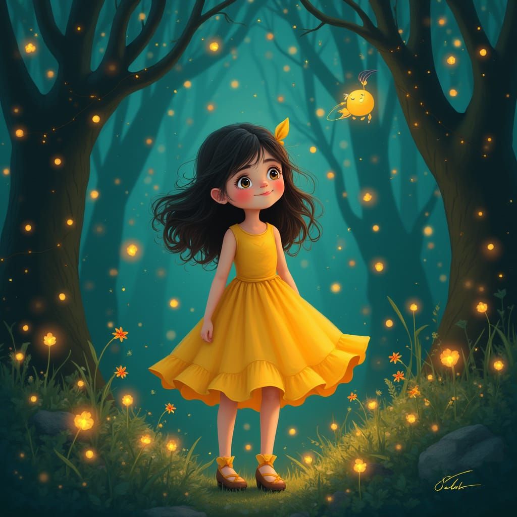 Girl in Whimsical Forest, Digital Art
