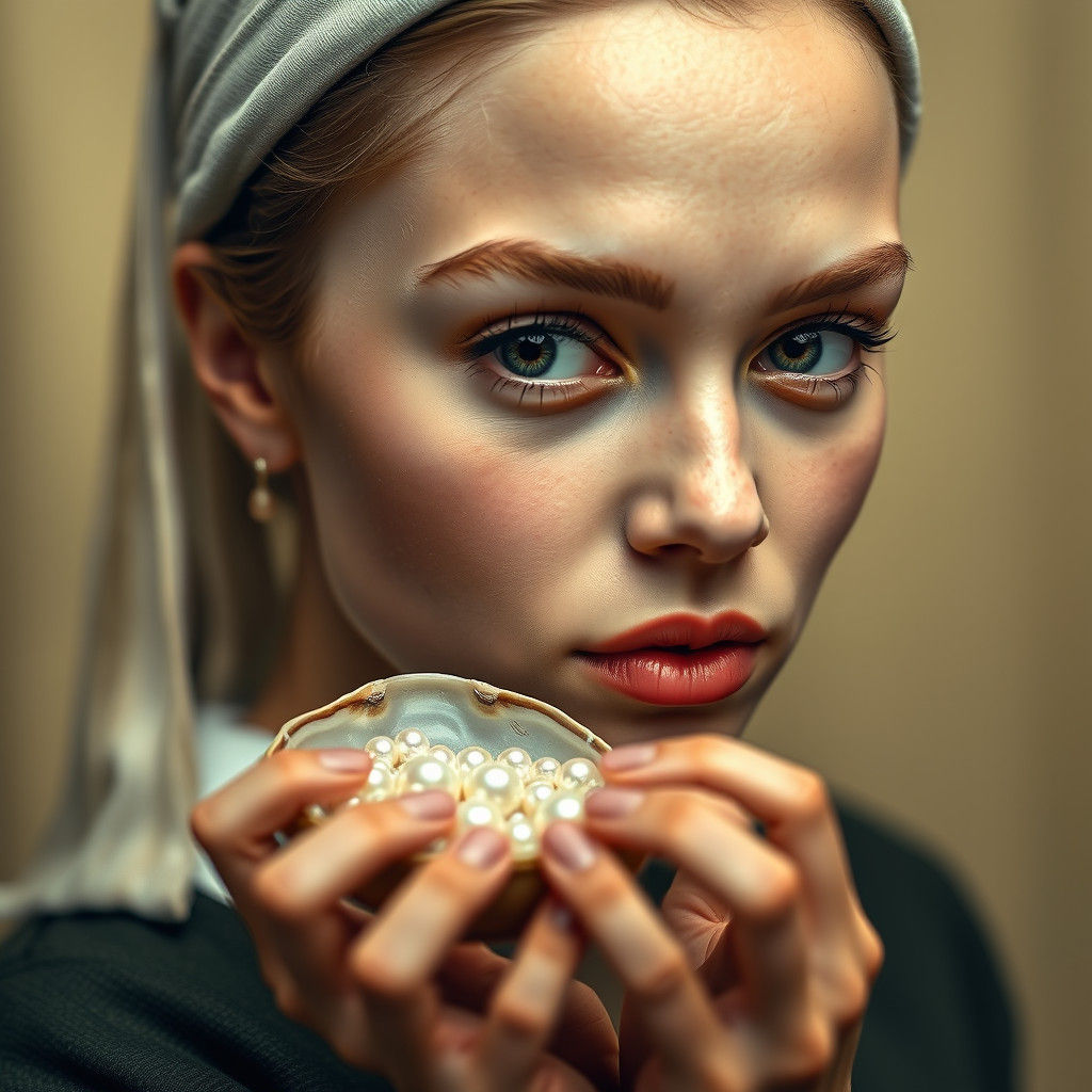 Woman Opening Clamshell with Pearls in Vermeer Style