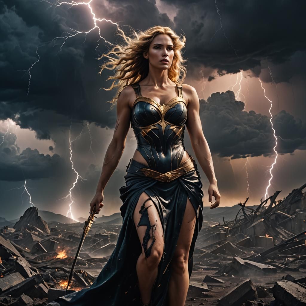 Aphrodite is depicted in a chaotic landscape with dark skies, threatening lightning and cracked, scorched ground, reflec...