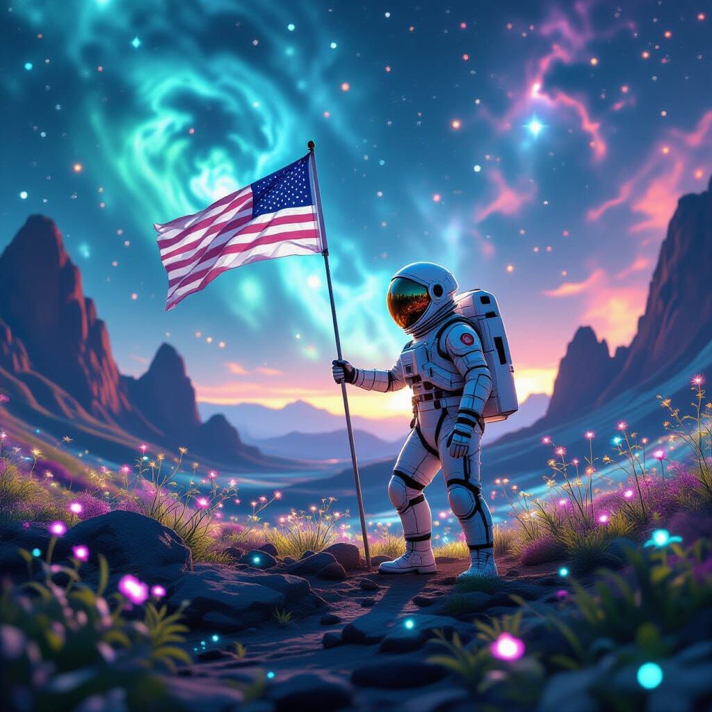 Astronaut Plants Flag on Bioluminescent Alien World