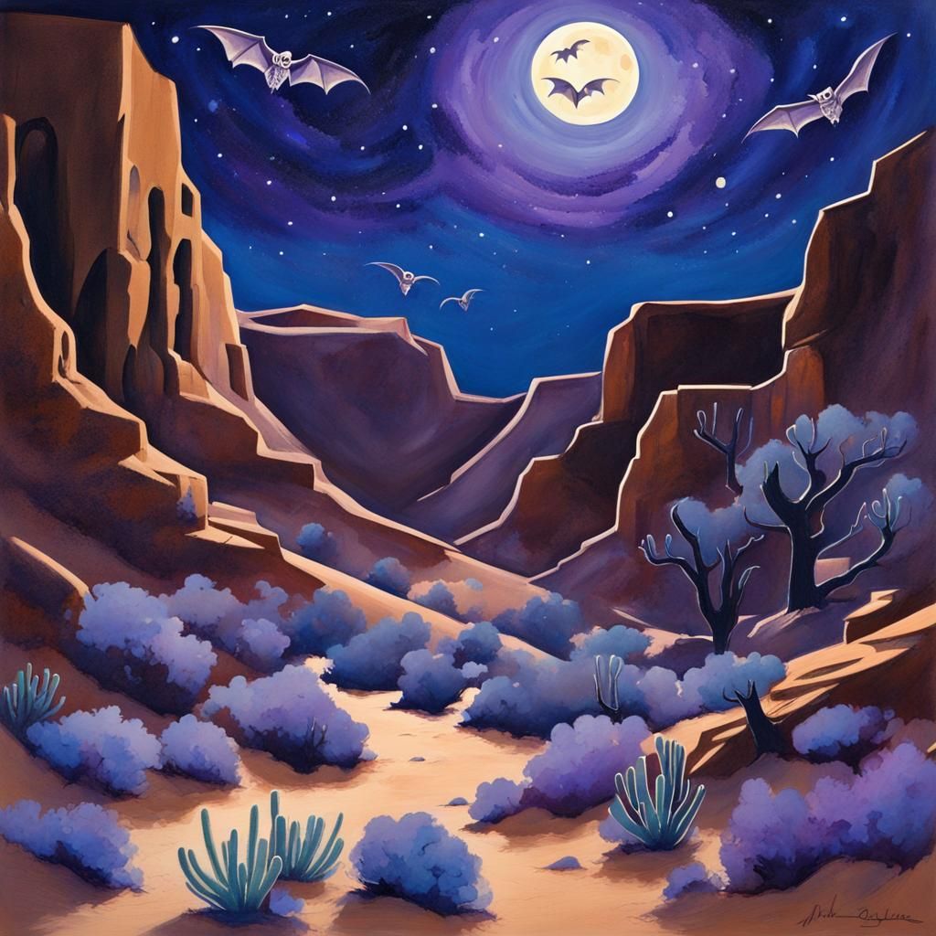 Desert Canyon Nightlife: A Gouache Painting