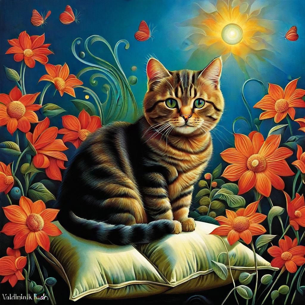 Cat Surrounded by Flowers in Metamorphic Realism Style