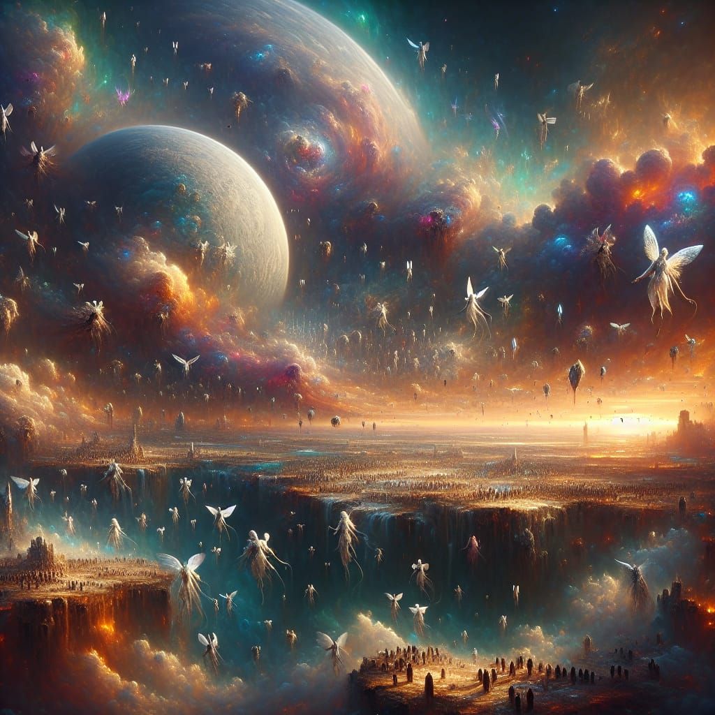 People Fly Towards Exploding Planet in Fantasy Art