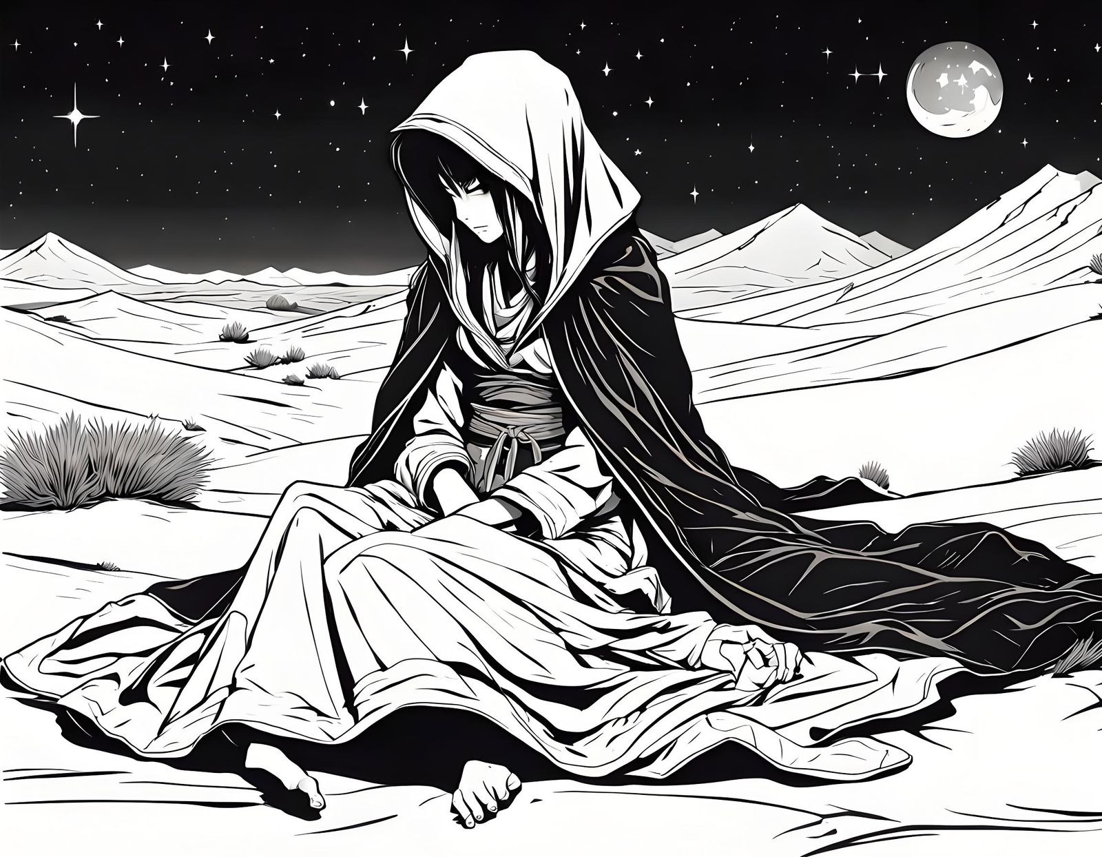 Hooded Desert Wanderer in Grunge Anime Style