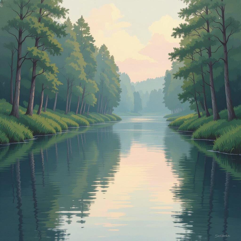 Serene River Landscape in Impressionist Style