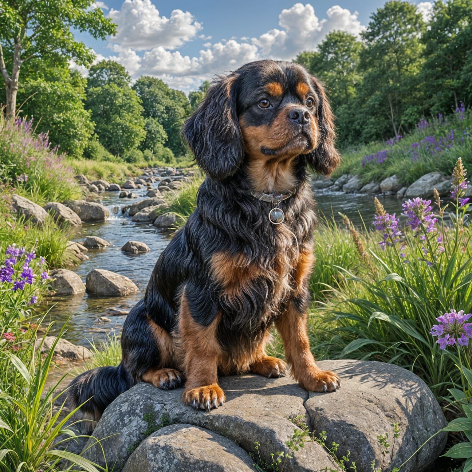 English Toy Spaniel in Lush Green Landscape