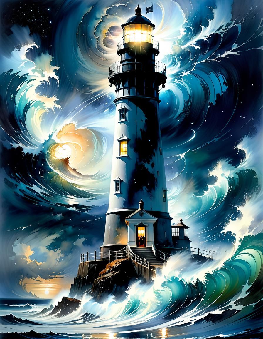 Ocean Storm at Lighthouse: Watercolor Dreamscape