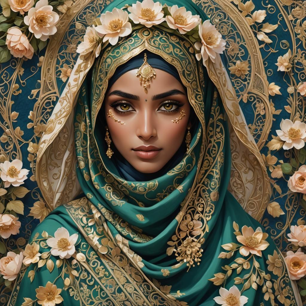 Woman in Floral Niqab: Fantasy Concept Art