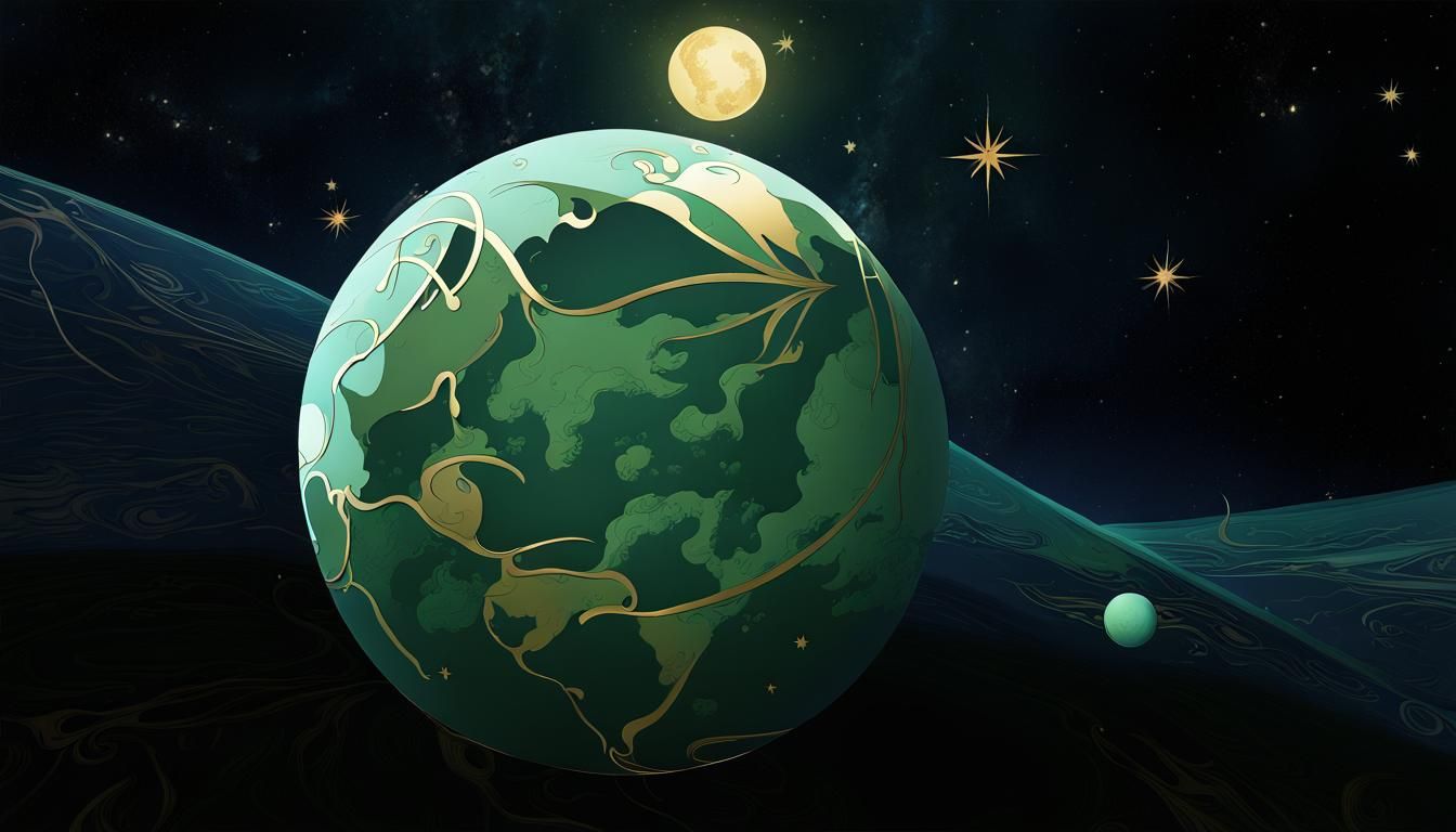 Golden Green Planet in Art Nouveau Frame