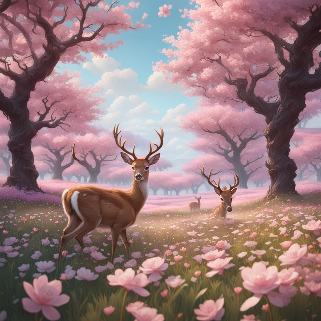 Pastel Pink Flower Fields with Baby Deer