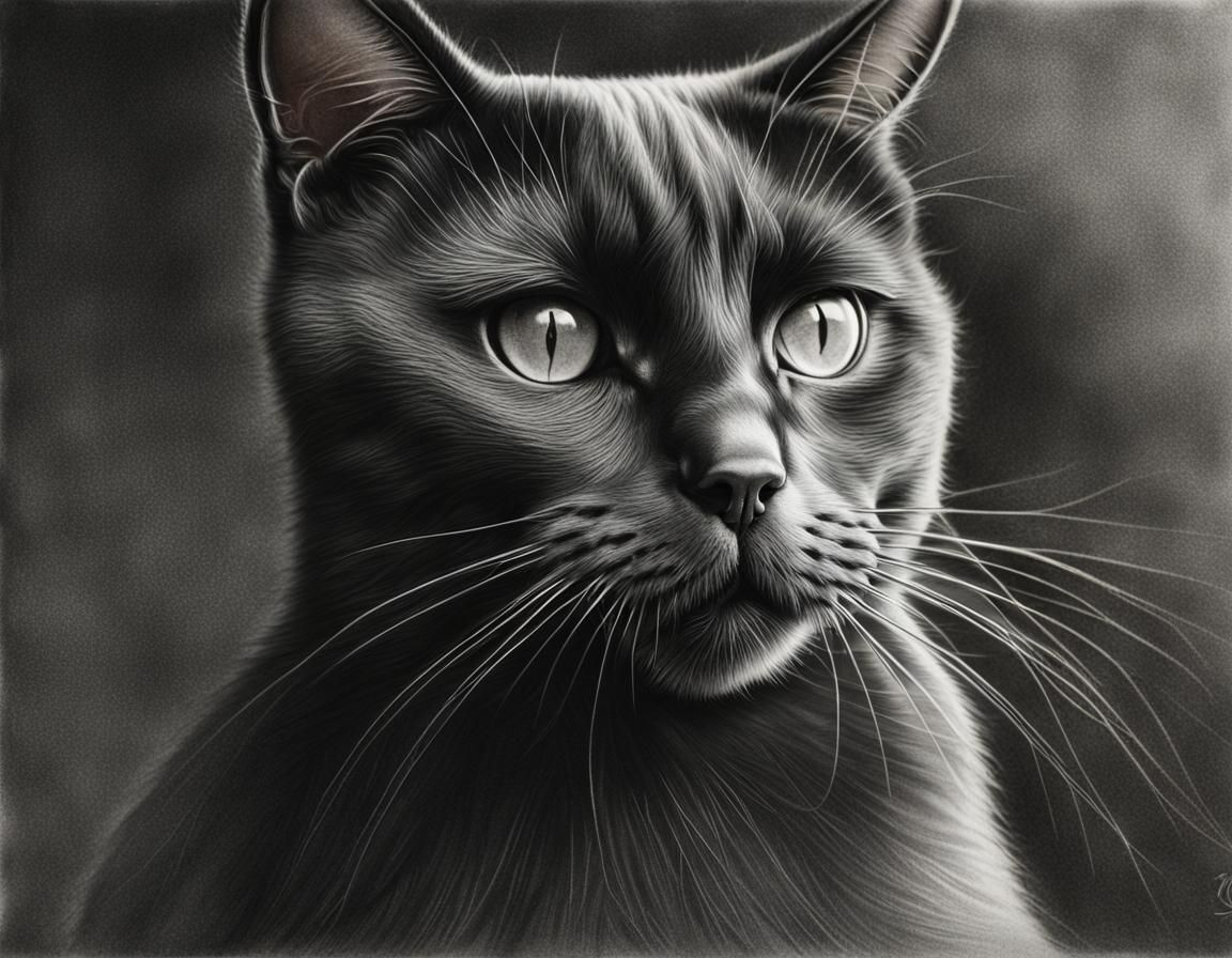 Hyperrealistic Black Cat Charcoal Drawing