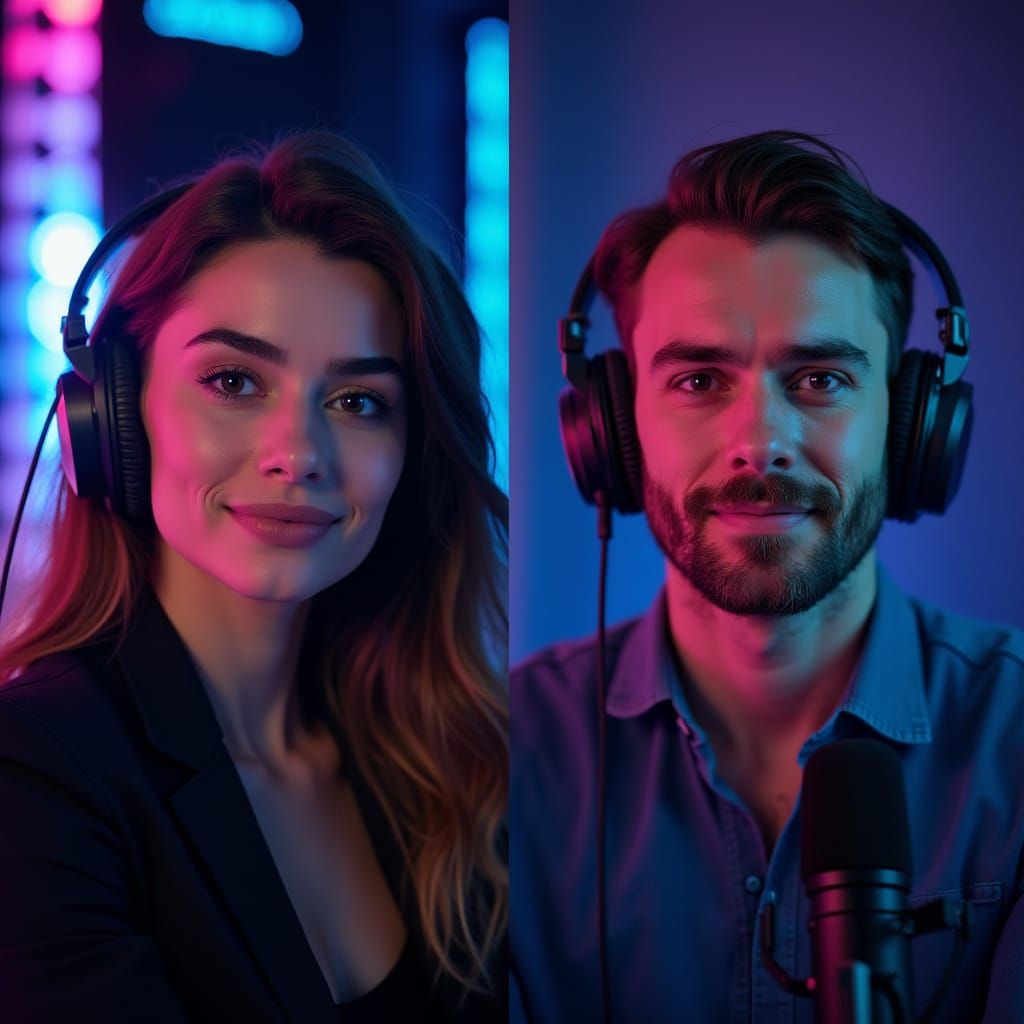 Stylish Podcasters in Neon-Lit Studio Portraits