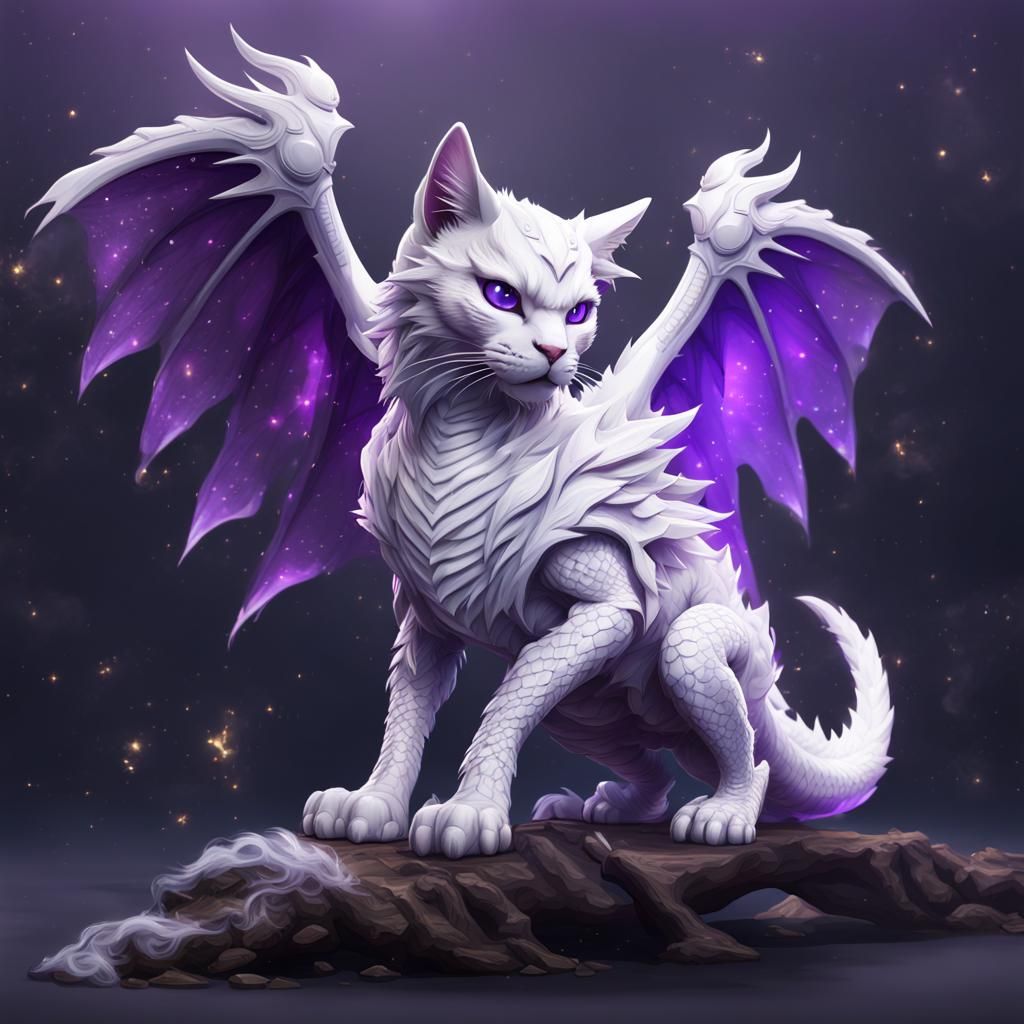White purple Dragon Cat with wings the wizard, fantasy