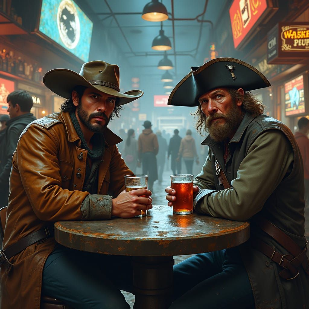 Cowboy and Pirate Share a Drink in a Futuristic Cantina