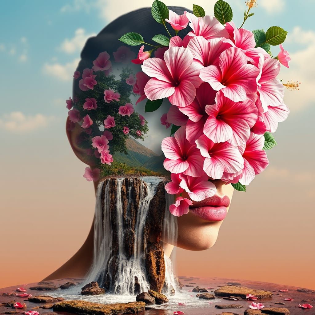 Surreal Double Exposure Portrait With Hibiscus Landscape