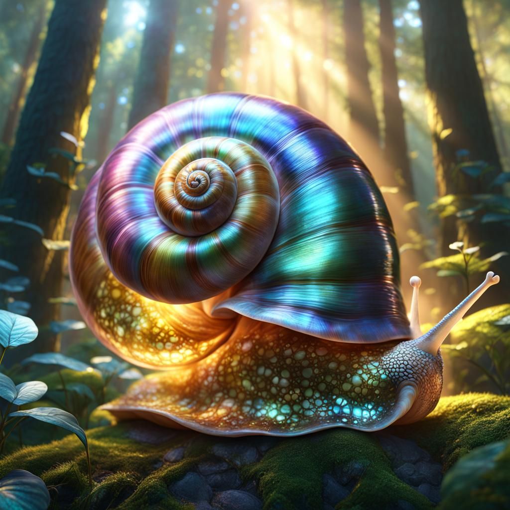 Ethereal Snail with Iridescent Shell in Enchanted Forest