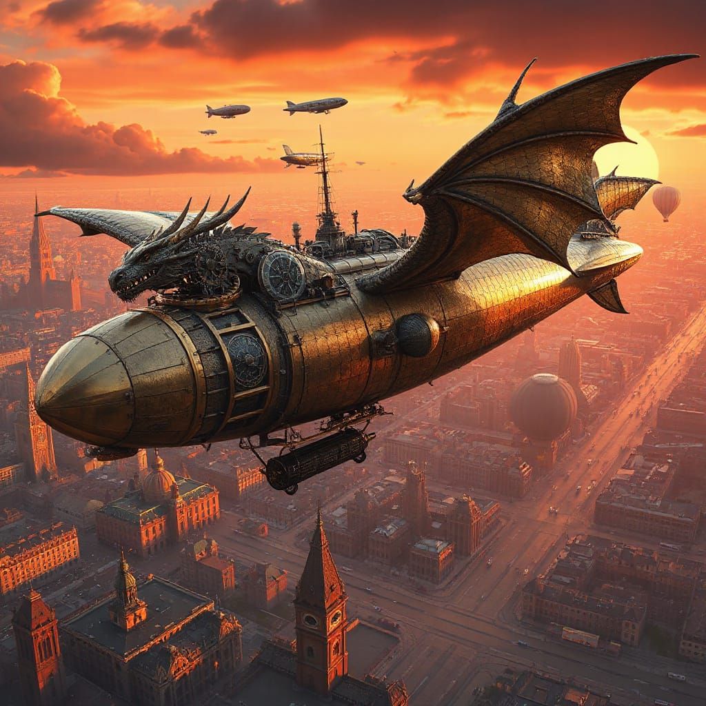 Steampunk Dragon Airship Soaring Over Victorian City