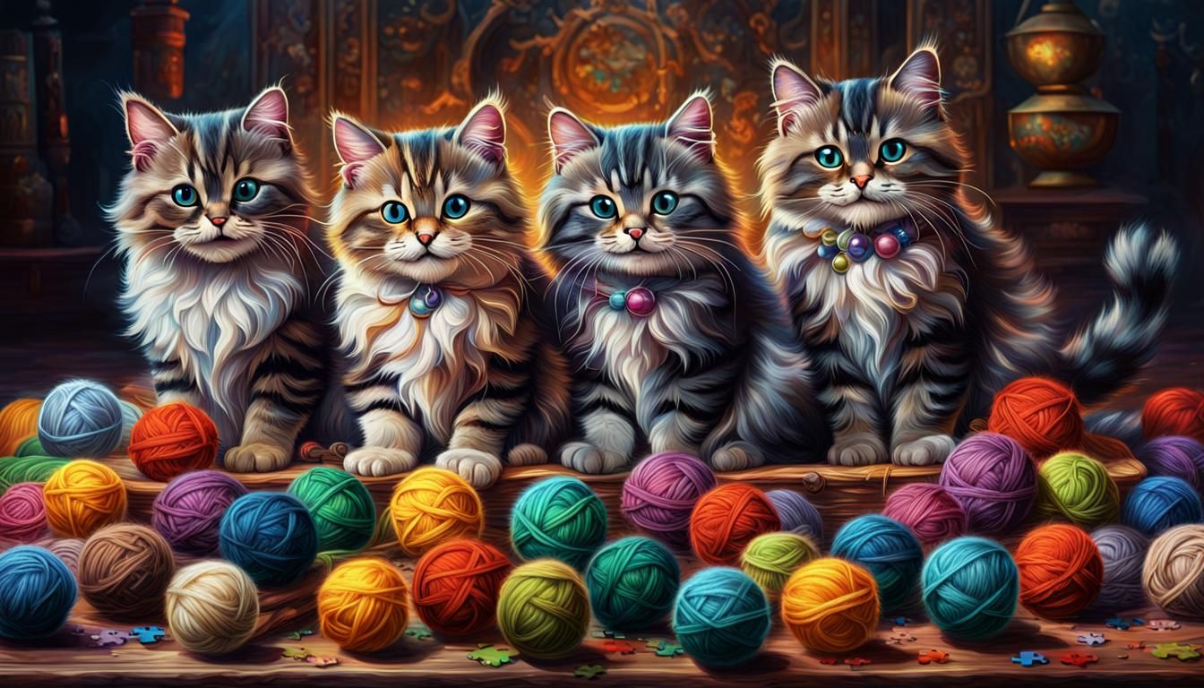 mincoon cats playing with balls of wool  2