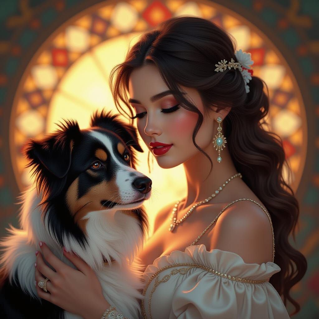Dramatic Portrait of Woman with Dog in Hyperreal Style